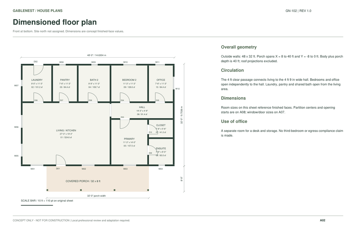 GN-102 dimensioned concept floor plan: 2 bedrooms, office and 2 bathrooms