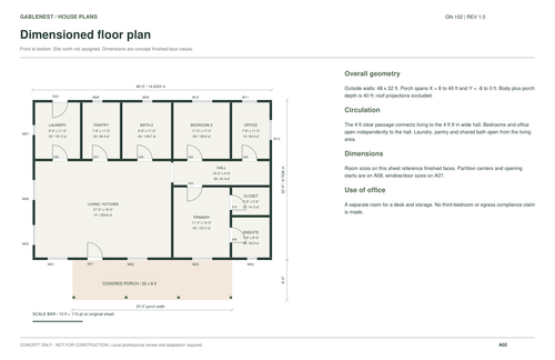 GN-102 dimensioned concept floor plan: 2 bedrooms, office and 2 bathrooms
