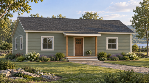Hazel Glen GN-103 cottage concept exterior: sage siding, two front windows and central shed-roof porch.