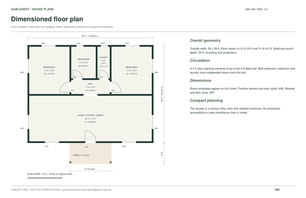 Hazel Glen GN-103 conceptual dimensioned floor plan; not for construction.