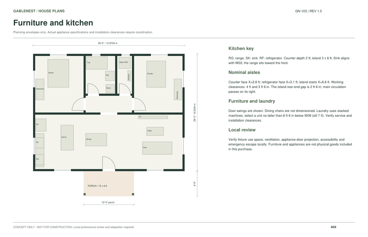 Hazel Glen GN-103 conceptual furniture layout; not for construction.