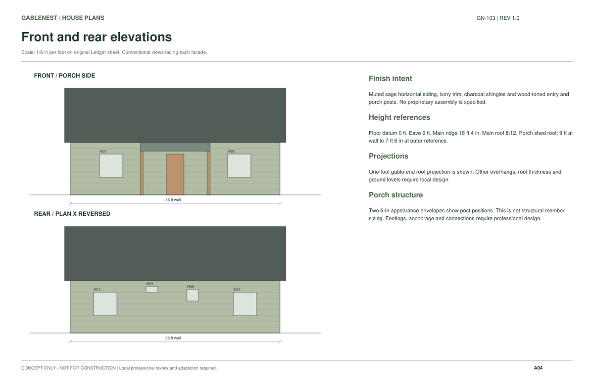 Hazel Glen GN-103 conceptual front and rear elevations; not for construction.