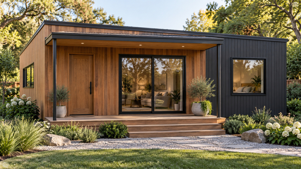 Alder Cove GN-104 modern detached ADU concept: cedar and charcoal facade, covered terrace and wide sliding glass door.