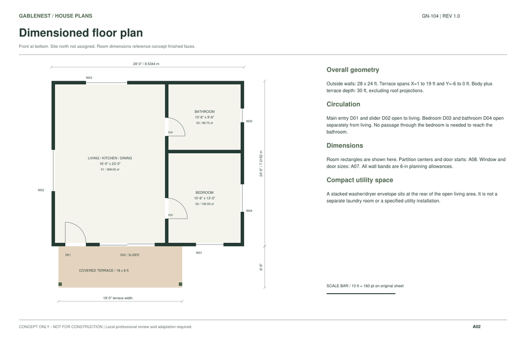 Alder Cove GN-104 dimensioned floor plan: one bedroom and one bathroom; conceptual, not for construction.