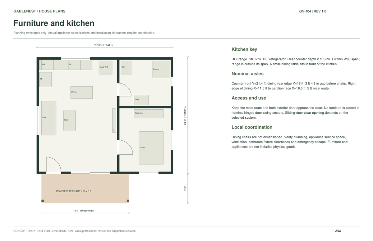 Alder Cove GN-104 furniture and kitchen concept layout.