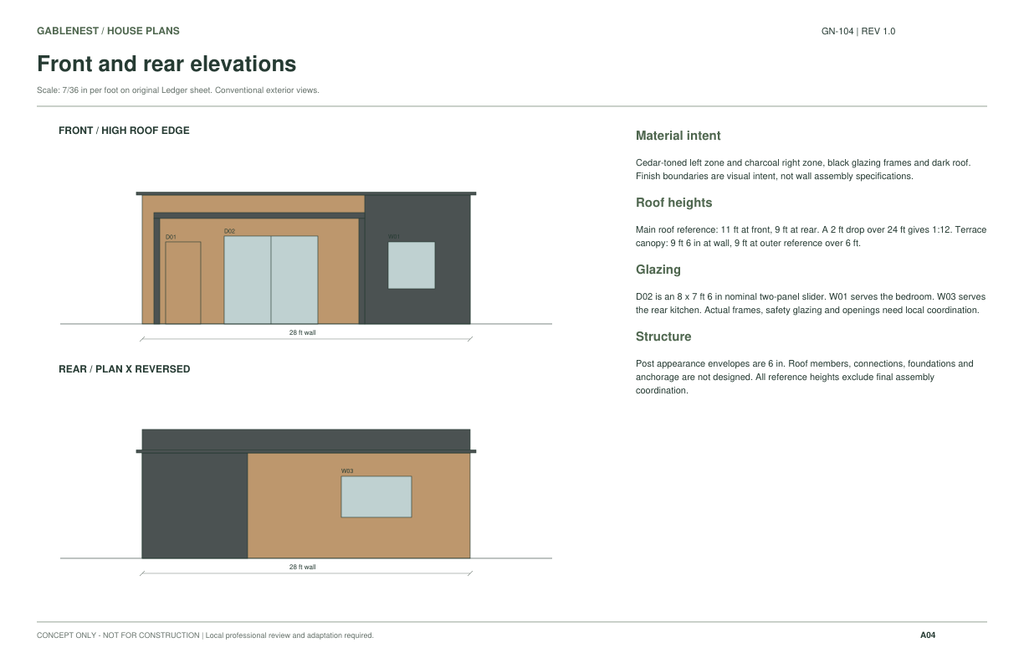 Alder Cove GN-104 front and rear conceptual elevations.