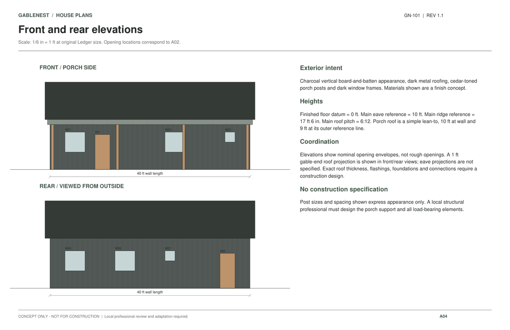 GN-101 revision 1.1 front and rear exterior elevations