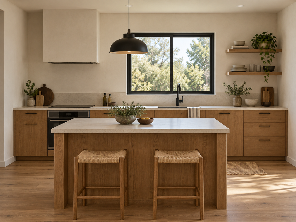 GN-101 illustrative kitchen material study with oak cabinetry and a flat ceiling