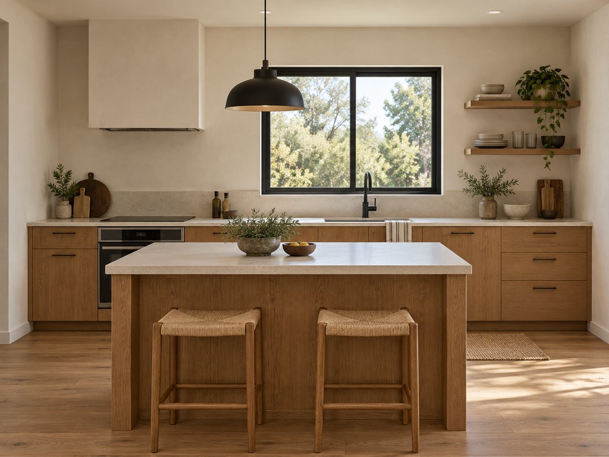 GN-101 illustrative kitchen material study with oak cabinetry and a flat ceiling
