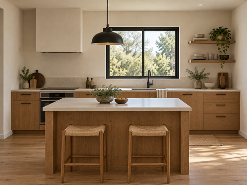 GN-101 illustrative kitchen material study with oak cabinetry and a flat ceiling